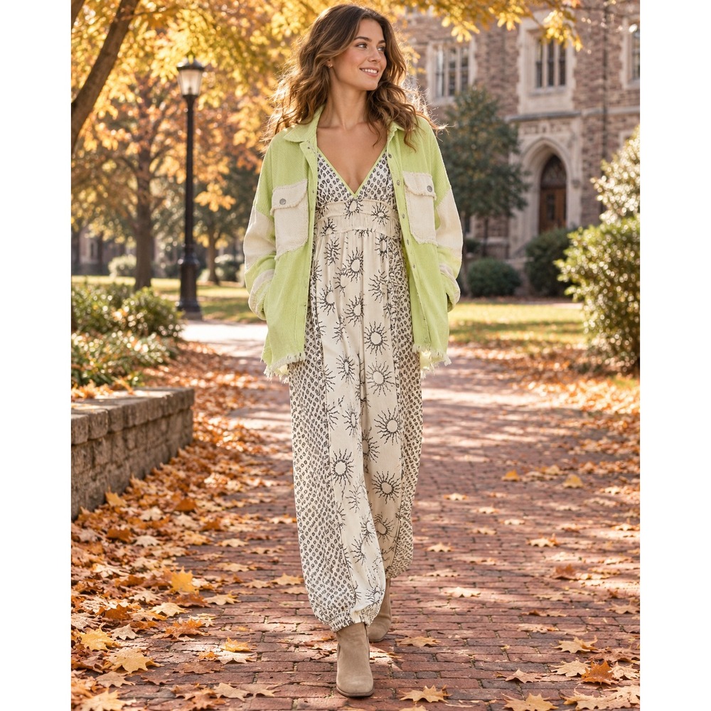 Urban Outfitters Boho Sun Print Wide Leg Jumper Cream Black Lime Straps